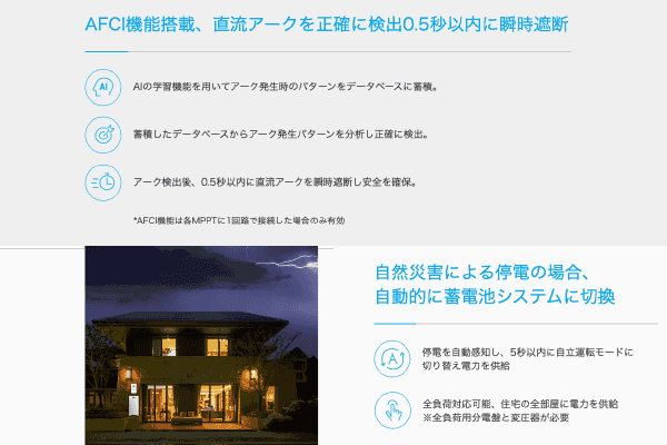 AFCI機能搭載、直流アークを正確に検出0.5秒以内に瞬時遮断